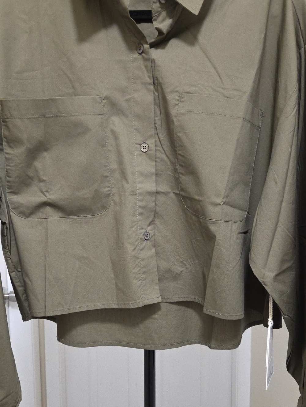 NWT Kuwalla Olive Green Cropped Button-Down Shirt | Minimalist 100% Thin Cotton - Picture 9 of 11